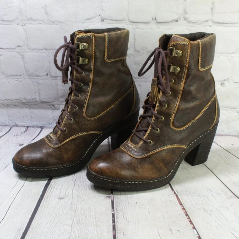 TIMBERLAND Brown Leather Chunky Heel Lace Up Winter Boots Size 7.5 M - Picture 2 of 10